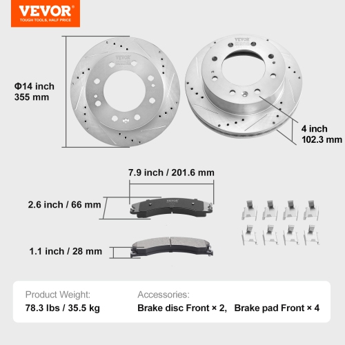 VEVOR 14" Front Brake Kit Compatible with 2011-2019 Chevy Silverado GMC Sierra 2500 3500 HD, Drilled and Slotted Brake Rotors Ceramic Brake Pads