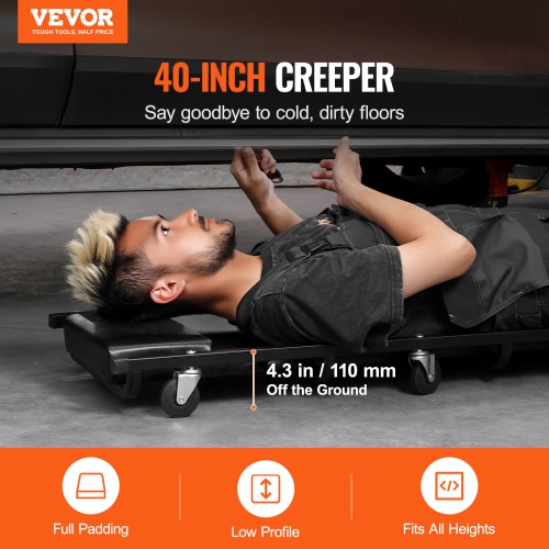 VEVOR 40-Inch Mechanic Garage Creeper, 300 lbs Capacity Automotive Rolling Creeper with 6 Casters Adjustable Cushioned Headrest, Heavy Duty Steel