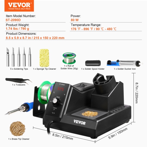 VEVOR 80W Soldering Iron Station, Digital Display Soldering Station Kit with 5 Soldering Tips, 30g Solder Wire, Solder Sucker, Tweezer, Auto Standby