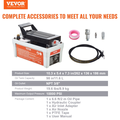 VEVOR 10,000 PSI Air Hydraulic Pump, 1/2 Gal Reservoir, NPT 3/8" Oil Outlet, NPT 1/4" Inlet, 6.6 ft Pipe, Foot Actuated Hydraulic Pump Air Treadle