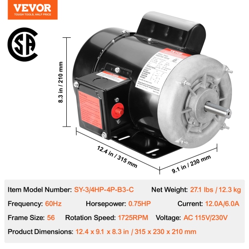 VEVOR 0.75HP Electric Motor 1725 rpm, AC 115V/230V, 56 Frame, Air Compressor Motor Single Phase, 5/8" Keyed Shaft, CW/CCW Rotation for Agricultural