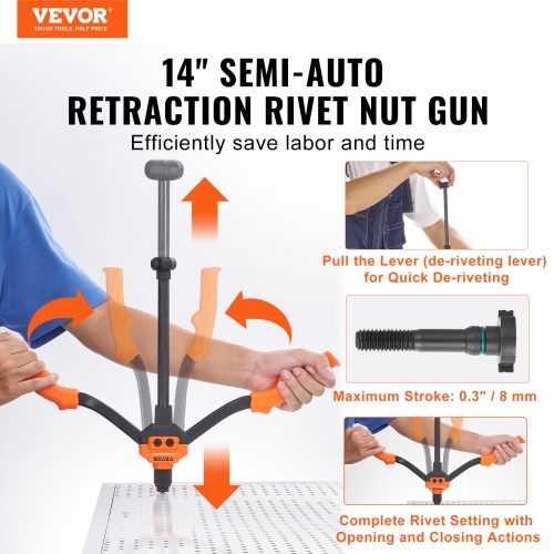 VEVOR 14” Rivet Nut Tool, Rivnut Tool Kit with 7 PCS Metric and SAE Mandrels, 70 PCS Assorted Rivet Nuts, 10-24, 1/4-20, M6, 5/16-18, M8, 3/8-16,