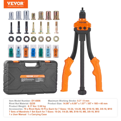 VEVOR 14” Rivet Nut Tool, Rivnut Tool Kit with 7 PCS Metric and SAE Mandrels, 70 PCS Assorted Rivet Nuts, 10-24, 1/4-20, M6, 5/16-18, M8, 3/8-16,