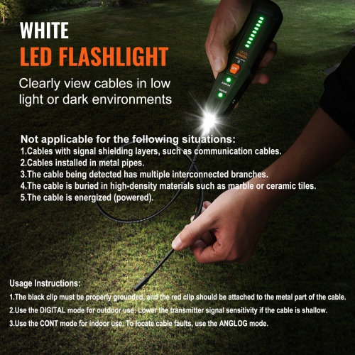 VEVOR Subterranean Wire Locator, Up to 6.5 FT Detection Depth, Earphone-Included Cable Tracer and Break Detector, 3280 FT Detection Range, Ideal for