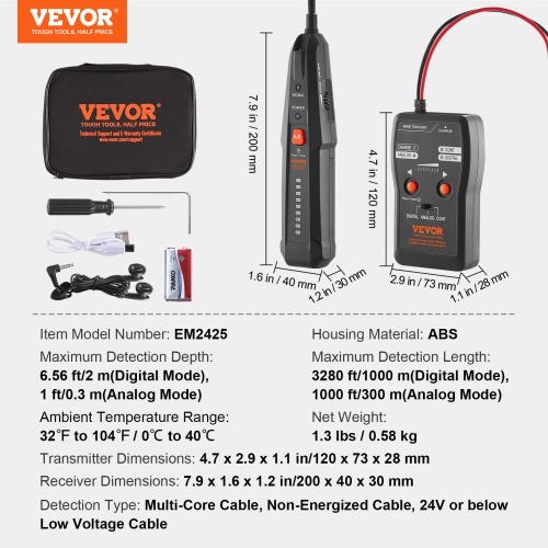 VEVOR Subterranean Wire Locator, Up to 6.5 FT Detection Depth, Earphone-Included Cable Tracer and Break Detector, 3280 FT Detection Range, Ideal for