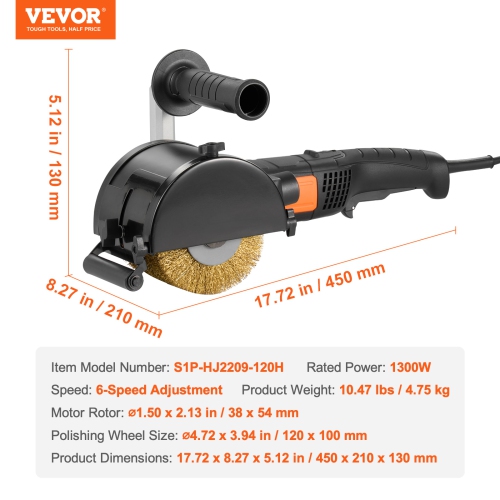 VEVOR 1300W Burnishing Polishing Machine, 6 Variable Speed Surface Conditioning Tool,Handheld Electric Metal Burnishing Machine with Steel Wire