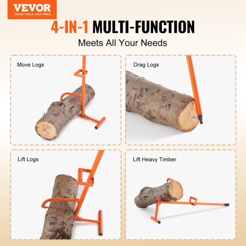 VEVOR 46.5 in Timberjack, 4 in 1 Heavy Duty Steel Log Lifter, Multifunctional Log Roller Adjustable Cant Hook, Logging Tools Log Jack, Forestry