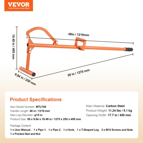 VEVOR 46.5 in Timberjack, 4 in 1 Heavy Duty Steel Log Lifter, Multifunctional Log Roller Adjustable Cant Hook, Logging Tools Log Jack, Forestry