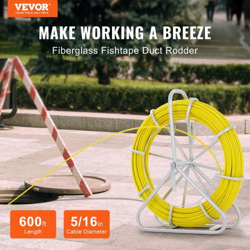 VEVOR 600 ft Fish Tape Fiberglass,5/16 in, Duct Rodder Fishtape Wire Puller, Cable Running Rod with Steel Reel Stand, 3 Pulling Heads,Fishing Tools