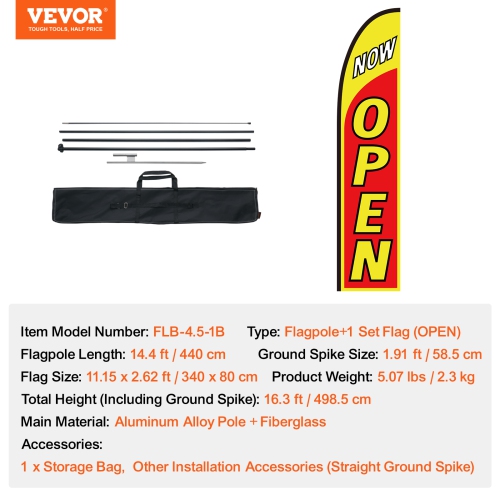 VEVOR 16.3 FT Open Flag with Pole Kit, Advertising Flag for Business Outside, Advertising Feather Flag Kit, Includes 1 Banner Flag, 1 Pole, 1 Ground
