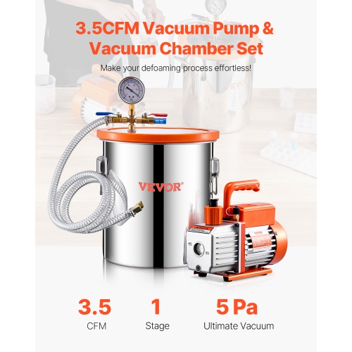 VEVOR 5 Gallon Vacuum Chamber and 3.5 CFM Pump Kit, Stainless Steel Chamber, Single Stage Vacuum Pump Degassing Chamber Kit, with Acrylic Lid, Oil,