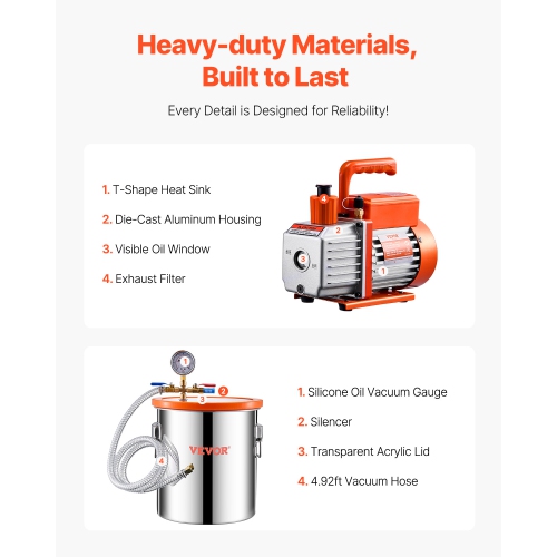 VEVOR 5 Gallon Vacuum Chamber and 3.5 CFM Pump Kit, Stainless Steel Chamber, Single Stage Vacuum Pump Degassing Chamber Kit, with Acrylic Lid, Oil,