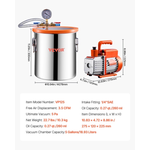 VEVOR 5 Gallon Vacuum Chamber and 3.5 CFM Pump Kit, Stainless Steel Chamber, Single Stage Vacuum Pump Degassing Chamber Kit, with Acrylic Lid, Oil,