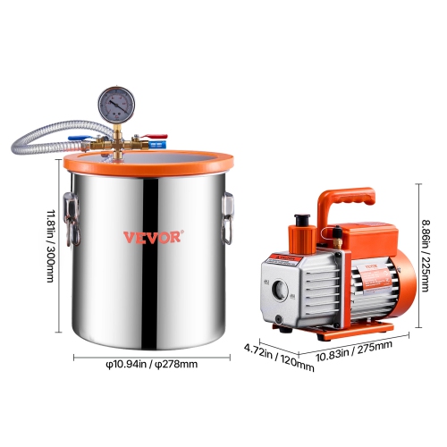 VEVOR 5 Gallon Vacuum Chamber and 3.5 CFM Pump Kit, Stainless Steel Chamber, Single Stage Vacuum Pump Degassing Chamber Kit, with Acrylic Lid, Oil,