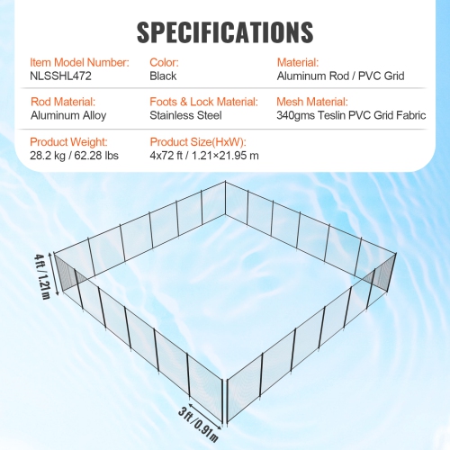 VEVOR 4 x 72 FT Pool Fence, Pool Fences for Inground Pools, Removable Child Safety Pool Fencing, Easy DIY Installation Swimming Pool Fence, 340gms