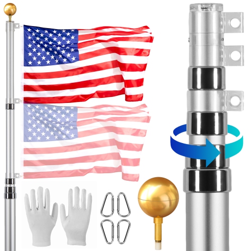 VEVOR 20FT Telescopic Flagpole Kit, Heavy Duty Aluminum Alloy Flag Pole Kit in Ground for Outside, 3 Display Modes Flagpole with Professional