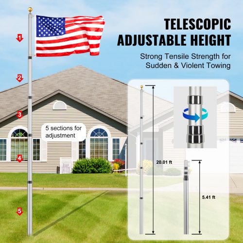 VEVOR 20FT Telescopic Flagpole Kit, Heavy Duty Aluminum Alloy Flag Pole Kit in Ground for Outside, 3 Display Modes Flagpole with Professional