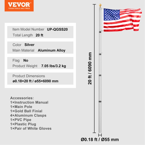 VEVOR 20FT Telescopic Flagpole Kit, Heavy Duty Aluminum Alloy Flag Pole Kit in Ground for Outside, 3 Display Modes Flagpole with Professional