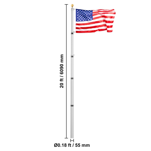 VEVOR 20FT Telescopic Flagpole Kit, Heavy Duty Aluminum Alloy Flag Pole Kit in Ground for Outside, 3 Display Modes Flagpole with Professional