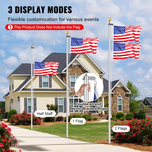 Trousse de mât amovible de 25 pi VEVOR, trousse de mât en alliage d'aluminium robuste au sol pour l'extérieur, 3 modes d'affichage avec accessoires