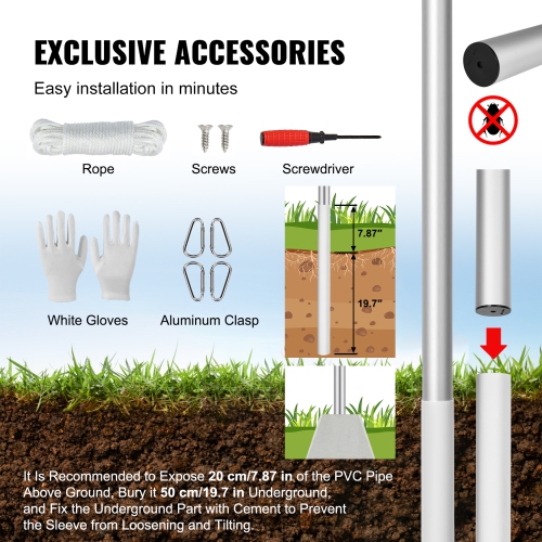 Trousse de mât amovible de 20 pi VEVOR, trousse de mât en alliage d'aluminium robuste au sol pour l'extérieur, 3 modes d'affichage avec accessoires