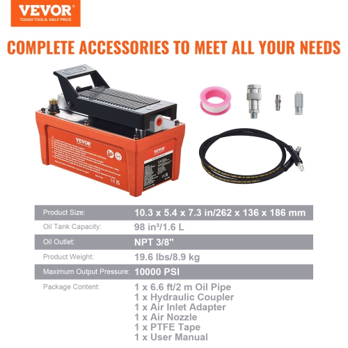 VEVOR 10,000 PSI Air Hydraulic Pump, 1/2 Gal Reservoir, NPT 3/8" Oil Outlet, NPT 1/4" Inlet,6.6 ft Pipe,Foot Actuated Hydraulic Pump Air Treadle for
