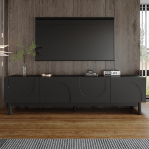 Fantasylab TV stand with sturdy legs, wave shaped structured doors, with layers, Black
