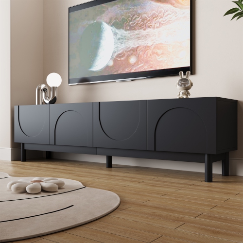 Fantasylab TV stand with sturdy legs, wave shaped structured doors, with layers, Black