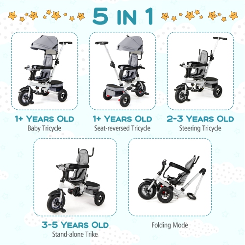 Gymax 5-in-1 Folding Trike for Toddlers 1-5 Years Old w/ Safety Harness Storage