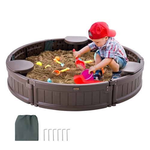 VEVOR 47.2 x 9.1 in Sandbox with Cover, Round Sand Box, HDPE Sand Pit with 3 Corner Seating and Bottom Liner, Kids Sandbox for Outdoor