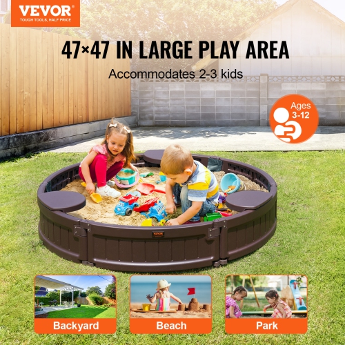 VEVOR 47.2 x 9.1 in Sandbox with Cover, Round Sand Box, HDPE Sand Pit with 3 Corner Seating and Bottom Liner, Kids Sandbox for Outdoor