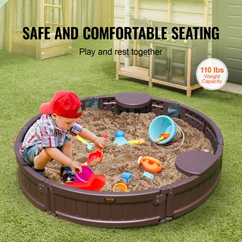 VEVOR 47.2 x 9.1 in Sandbox with Cover, Round Sand Box, HDPE Sand Pit with 3 Corner Seating and Bottom Liner, Kids Sandbox for Outdoor