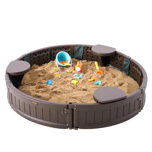 VEVOR 47.2 x 9.1 in Sandbox with Cover, Round Sand Box, HDPE Sand Pit with 3 Corner Seating and Bottom Liner, Kids Sandbox for Outdoor