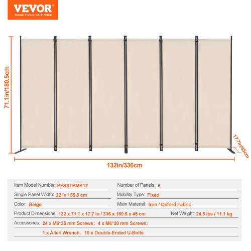 VEVOR 6 Panels Room Divider, Room Divider, Folding Privacy Screen and Portable Partition Divider for Room Separation, Freestanding Room Partitions