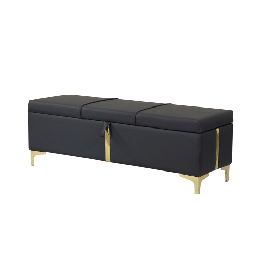 Fantasylab Elegant Upholstered Storage Ottoman, Bench with Metal Legs for Bedroom, Living Room, Fully Assembled Except Legs, Black