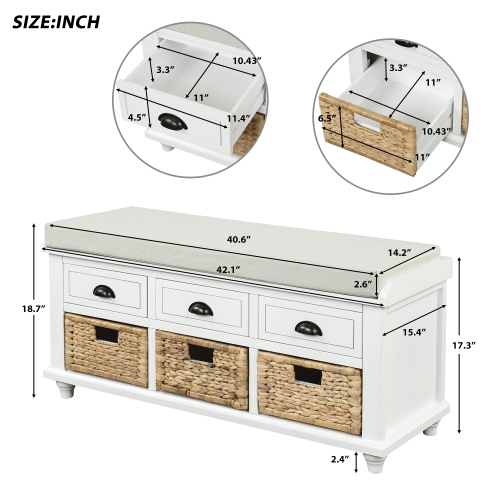 Fantasylab Rustic Storage Bench with 3 Drawers and 3 Rattan Baskets, Shoe Bench for Living Room, Entryway, White