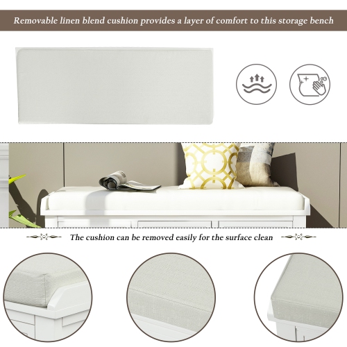 Fantasylab Rustic Storage Bench with 3 Drawers and 3 Rattan Baskets, Shoe Bench for Living Room, Entryway, White