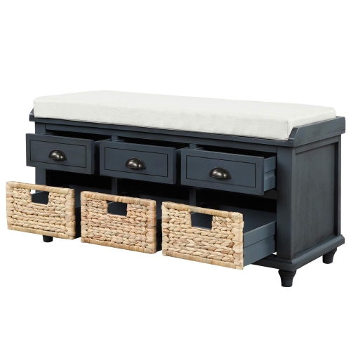 Fantasylab Rustic Storage Bench with 3 Drawers and 3 Rattan Baskets, Shoe Bench for Living Room, Entryway, Antique Navy