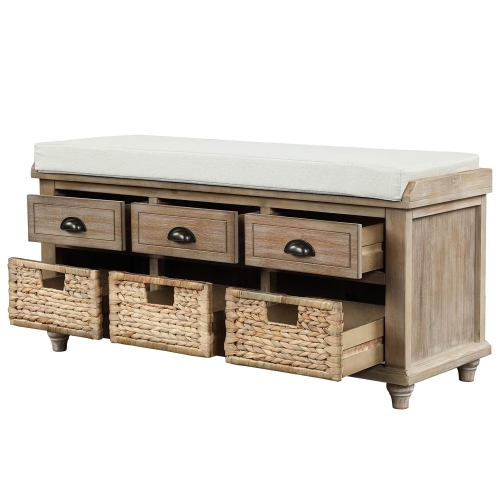 Fantasylab Rustic Storage Bench with 3 Drawers and 3 Rattan Baskets, Shoe Bench for Living Room, Entryway, White Washed