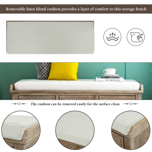 Fantasylab Rustic Storage Bench with 3 Drawers and 3 Rattan Baskets, Shoe Bench for Living Room, Entryway, White Washed