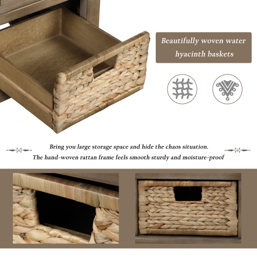 Fantasylab Rustic Storage Bench with 3 Drawers and 3 Rattan Baskets, Shoe Bench for Living Room, Entryway, White Washed