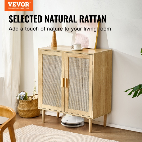 VEVOR Rattan Cabinet, Rattan Storage Cabinet with 2 Magnetic Doors and Adjustable Shelves, Sideboard Buffet Cabinet for Hallway, Entryway, Living