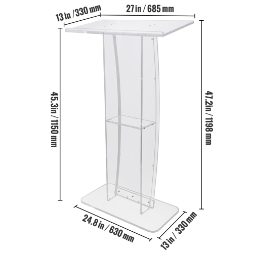 Podium en acrylique de 47 po de haut VEVOR, poteau en acrylique transparent, grande surface de lecture et tablette de rangement, pattes