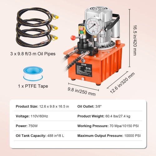 VEVOR 10,000 PSI Electric Hydraulic Pump, 750W 110V, 488 in³/8L Capacity, Double Acting Manual Valve, Hydraulic Pump Unit with Lever Switch for