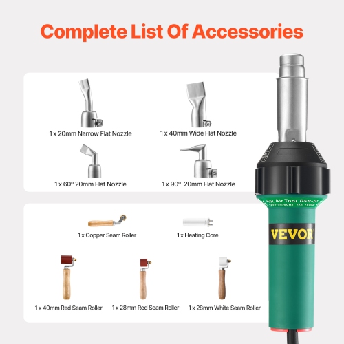 VEVOR 1600W Hot Air Plastic Welder, Torch Pistol, 122-1112℉ PVC TPO Vinyl Welding Torch, Roofing Welding Kit with 9 Accessories- 4 Nozzles & 4 Seam