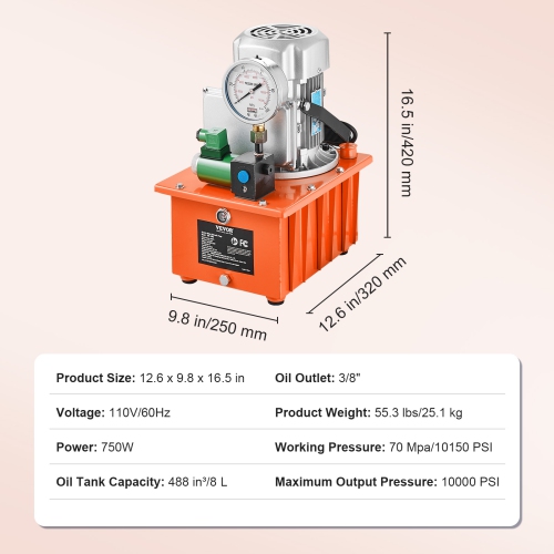 VEVOR 10,000 PSI Electric Hydraulic Pump, 750W 110V 488 in³/8L Capacity, Single Acting Solenoid Valve, Hydraulic Pump Pack Unit with Pedal Switch for