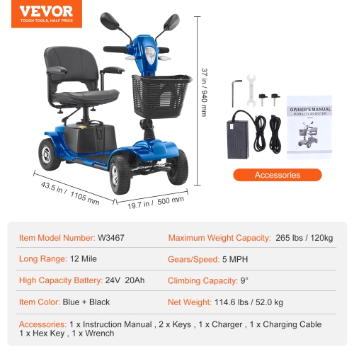 VEVOR 265lb Capacity Heavy-Duty 4 Wheel Mobility Scooter, Folding Electric Powered Mobility Scooter & 12 Mile Long Range, All Terrain Travel Scooter