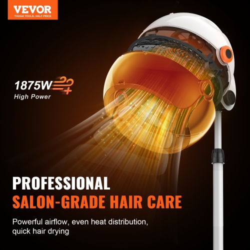 VEVOR 1875W Professional Hooded Dryer, High-Power Bonnet Hair Dryer, Sit Under Hair Dryer with Timer, 3 Temp Settings & Wind Speed, Floor Standing