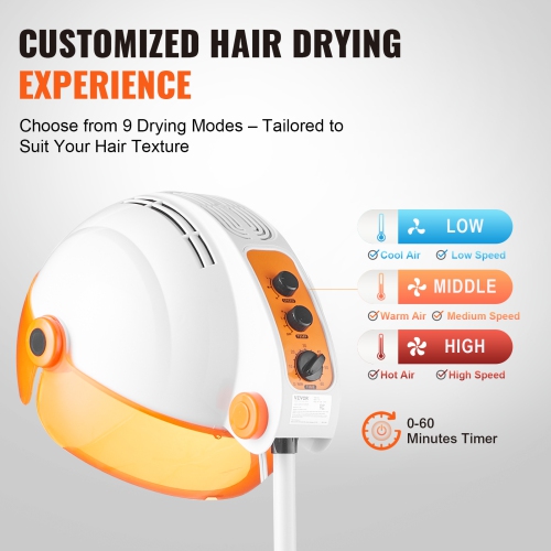 VEVOR 1875W Professional Hooded Dryer, High-Power Bonnet Hair Dryer, Sit Under Hair Dryer with Timer, 3 Temp Settings & Wind Speed, Floor Standing