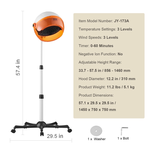 VEVOR 1875W Professional Hooded Dryer, High-Power Bonnet Hair Dryer, Sit Under Hair Dryer with Timer, 3 Temp Settings & Wind Speed, Floor Standing